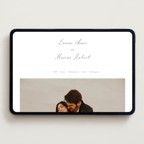 This is a sage wedding websites by Sara Hicks Malone called signature monogram printing on digital paper in standard