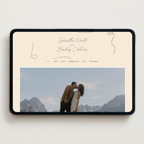 This is a champagne wedding websites by Wallace Design Co. called french whimsy script printing on digital paper in standard