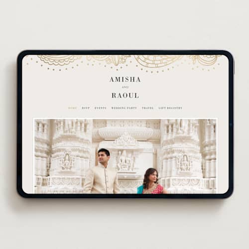 This is a champagne wedding websites by Oma N. Ramkhelawan called elegant henna printing on digital paper in standard