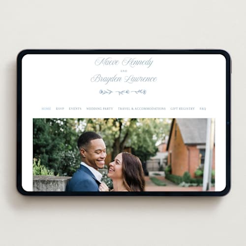 This is a provincial blue wedding websites by Hooray Creative called blue crest printing on digital paper in standard