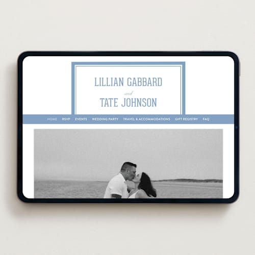 This is a provincial blue wedding websites by Sara Hicks Malone called preston printing on digital paper in standard