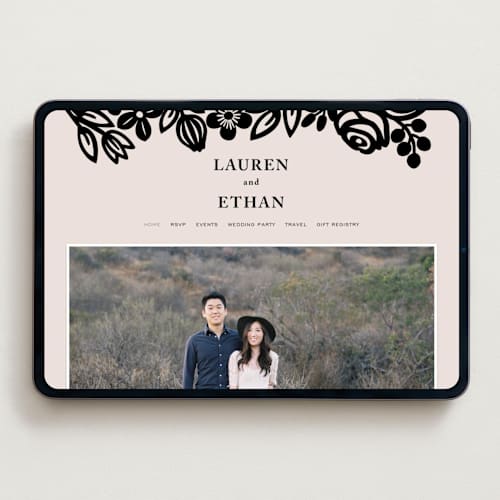 This is a champagne wedding websites by Faith Harlow called modern floral frame printing on digital paper in standard