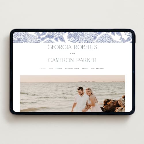 This is a periwinkle wedding websites by Jenna Holcomb called coastal toile printing on digital paper in standard
