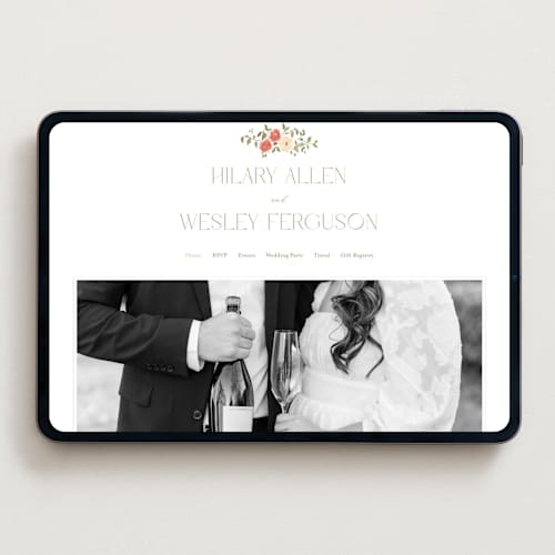 This is a pomegranate wedding websites by Everett Paper Goods called roses crest printing on digital paper in standard