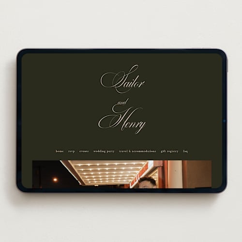 This is a midnight forest wedding websites by Morgan Kendall called playbill printing on digital paper in standard
