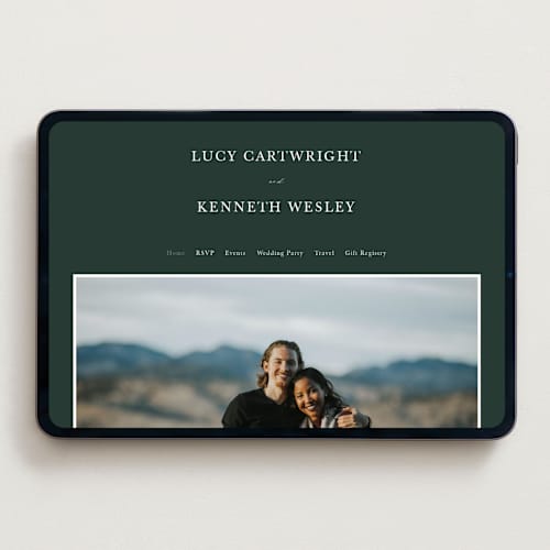 This is a evergreen wedding websites by Sarah Brown called mountainview printing on digital paper in standard