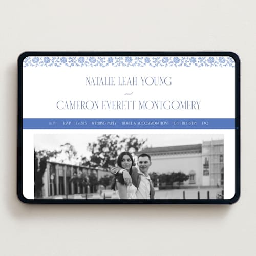 This is a cerulean wedding websites by Jenna Holcomb called embroidered printing on digital paper in standard