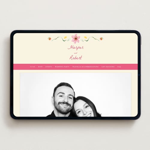 This is a blush wedding websites by Emily Miranda called romantic tropical wedding printing on digital paper in standard