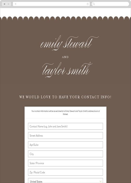 This is a taupe digital wedding address collection cards by Annie Clark called sweet scallop printing on digital paper in standard