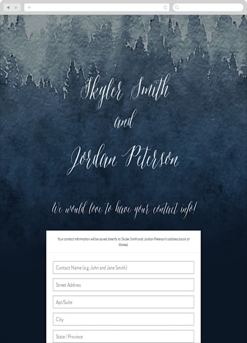 This is a evening sky digital wedding address collection cards by Design Lotus called mountain retreat printing on digital paper in standard