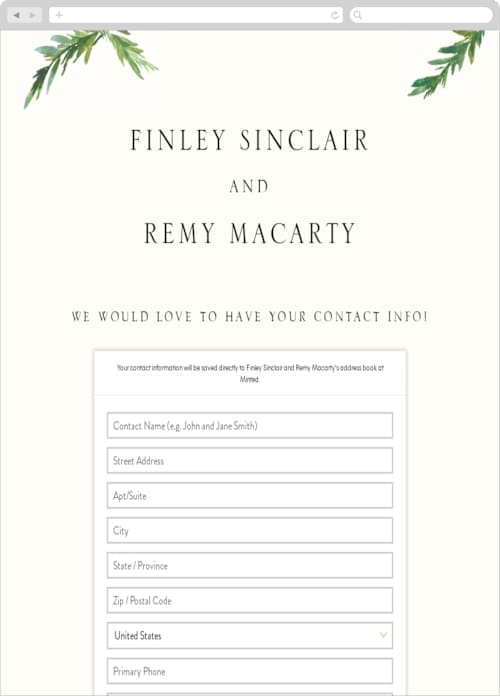 This is a vanilla digital wedding address collection cards by Mere Paper called simple pine branches printing on digital paper in standard