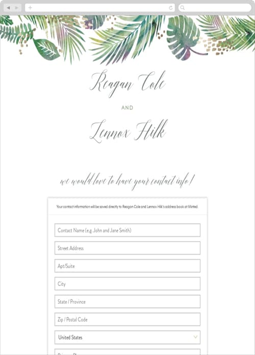 This is a fern digital wedding address collection cards by Hooray Creative called tropical foliage printing on digital paper in standard