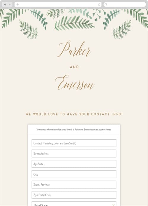 This is a cream digital wedding address collection cards by Amy Kross called painted ferns printing on digital paper in standard