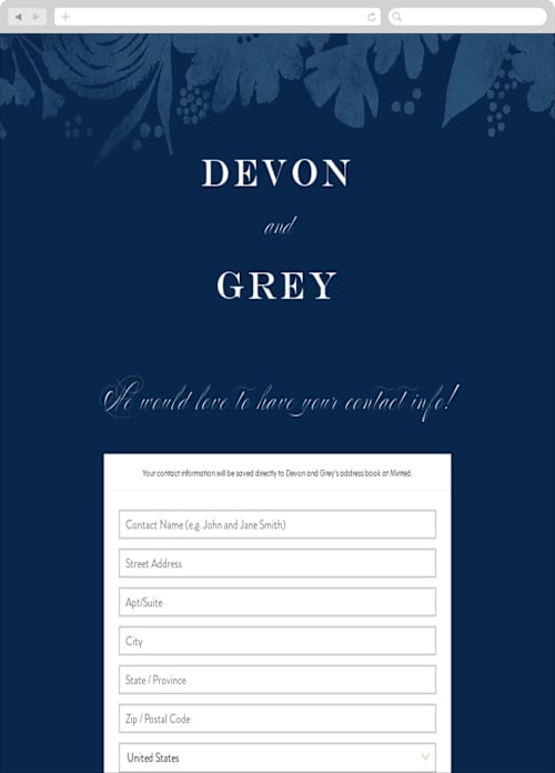 This is a navy digital wedding address collection cards by Jennifer Wick called floral screenprint printing on digital paper in standard