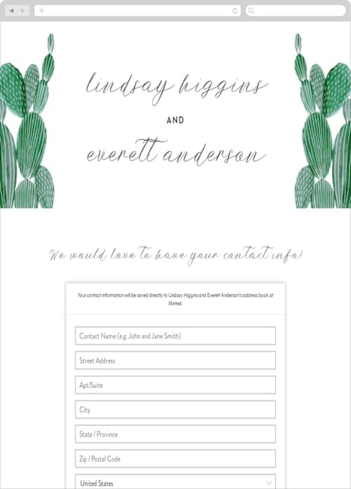 This is a cactus digital wedding address collection cards by Olivia Raufman called painted cacti printing on digital paper in standard