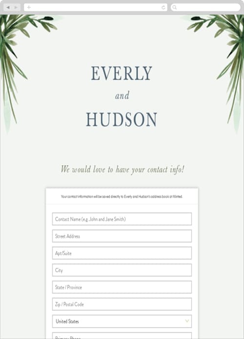 This is a fern digital wedding address collection cards by Kate Ahn called botanical frame printing on digital paper in standard