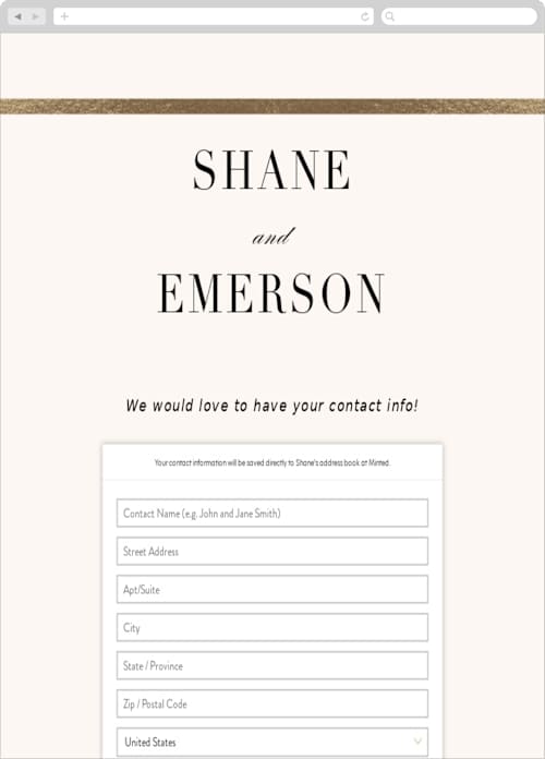 This is a gold digital wedding address collection cards by Jessica Williams called bold classic printing on digital paper in standard