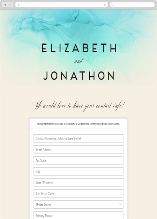 This is a aqua digital wedding address collection cards by GeekInk Design called ombio printing on digital paper in standard