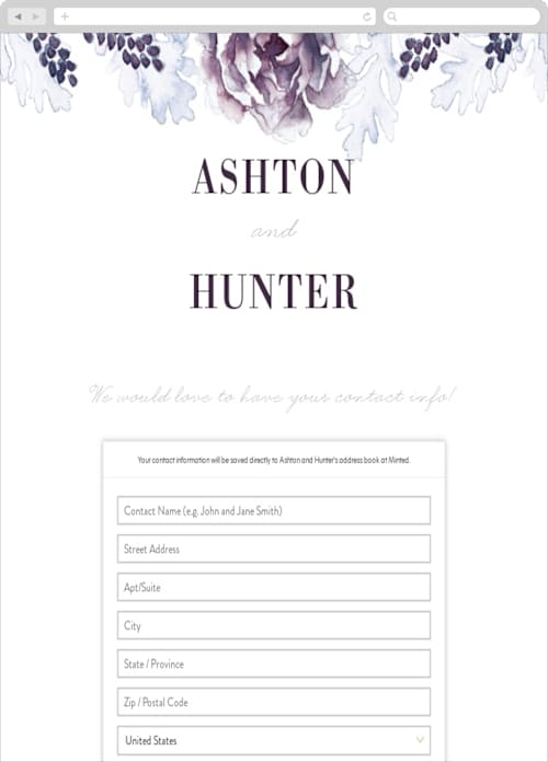 This is a eggplant digital wedding address collection cards by Snow and Ivy called evening bloom printing on digital paper in standard