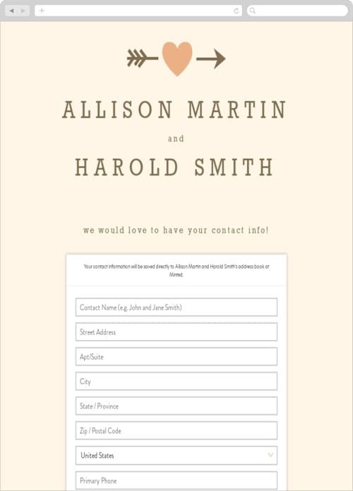 This is a pale salmon digital wedding address collection cards by The Social Type called love struck printing on digital paper in standard