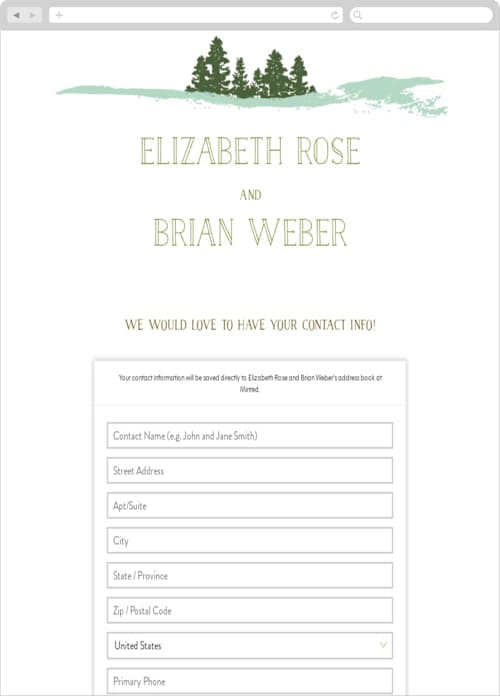 This is a pine green digital wedding address collection cards by Ariel Rutland called mountain view printing on digital paper in standard