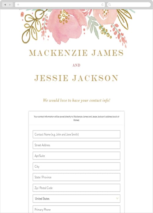 This is a brass digital wedding address collection cards by Kristen Smith called floral vignette printing on digital paper in standard