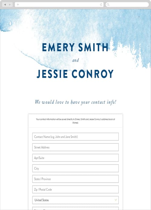 This is a navy digital wedding address collection cards by Ariel Rutland called misty forest printing on digital paper in standard