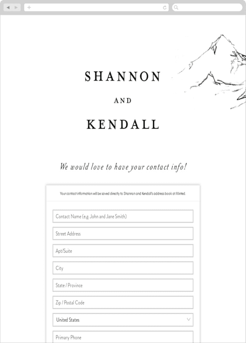 This is a snow digital wedding address collection cards by Mere Paper called sketched mountains printing on digital paper in standard