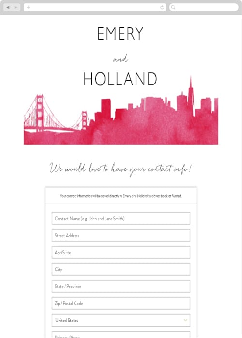 This is a magenta digital wedding address collection cards by Laura Condouris called skyline san francisco wedding invitations printing on digital paper in standard