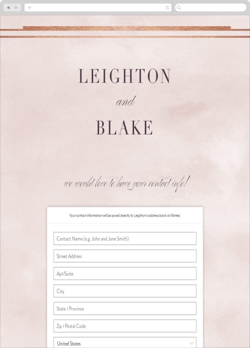 This is a dusty rose + rose gold digital wedding address collection cards by Hooray Creative called forever elegant printing on digital paper in standard