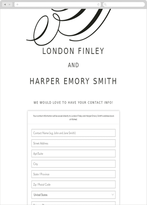 This is a blush digital wedding address collection cards by Ariel Rutland called twirl monogram b printing on digital paper in standard