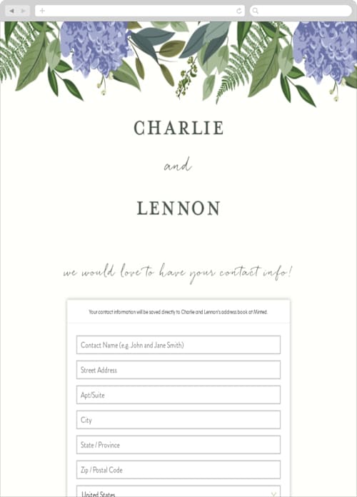 This is a periwinkle digital wedding address collection cards by Susan Moyal called hydrangea frame printing on digital paper in standard