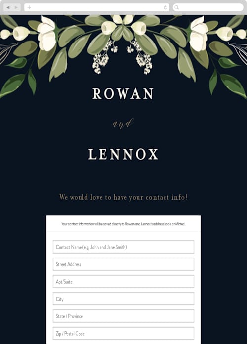 This is a navy digital wedding address collection cards by Susan Moyal called greenery crown printing on digital paper in standard