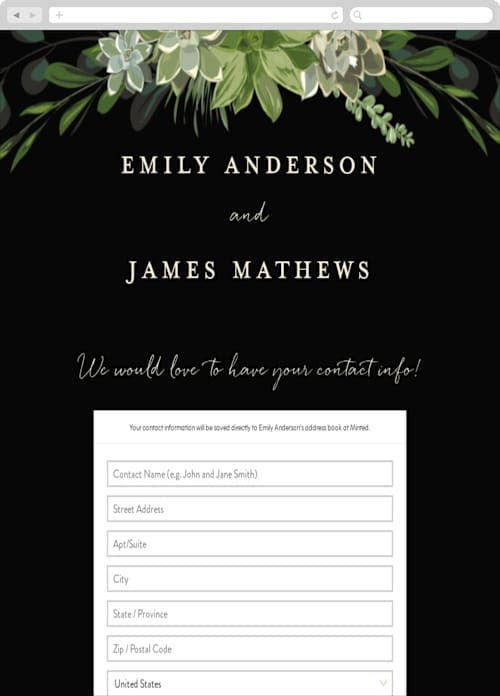This is a midnight digital wedding address collection cards by Susan Moyal called agave & greens printing on digital paper in standard