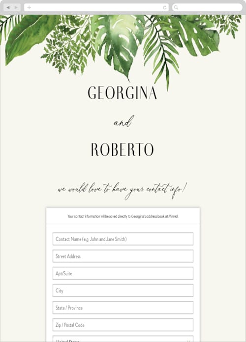 This is a jade digital wedding address collection cards by Chris Griffith called tropical vows printing on digital paper in standard