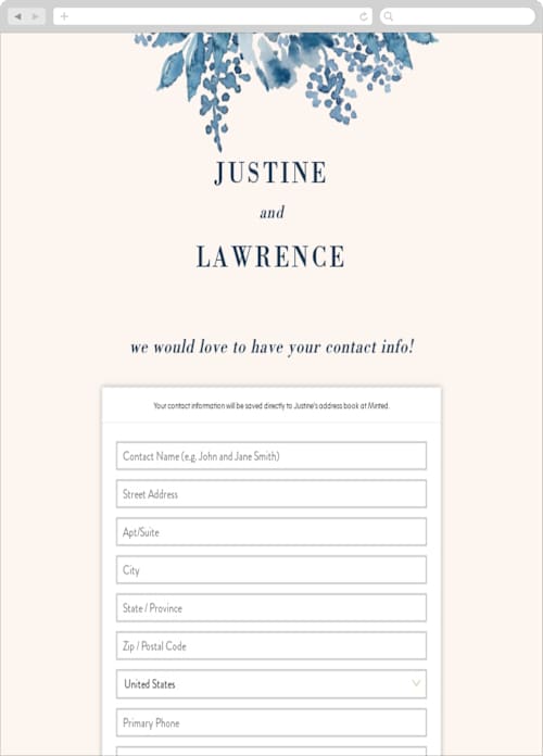 This is a french blue digital wedding address collection cards by Chris Griffith called southern comfort printing on digital paper in standard