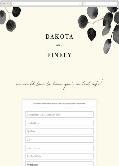 This is a ivory digital wedding address collection cards by Shannon Chen of Four Wet Feet Studio called silver dollar eucalyptus printing on digital paper in standard