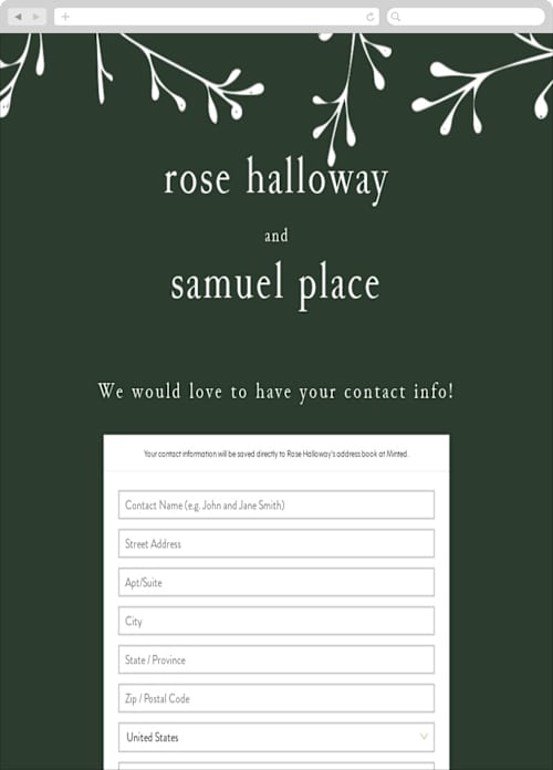 This is a pine needle digital wedding address collection cards by Bramble Studio called a dash of delight printing on digital paper in standard