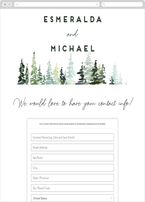 This is a forest digital wedding address collection cards by Yao Cheng Design called evergreens watercolor printing on digital paper in standard