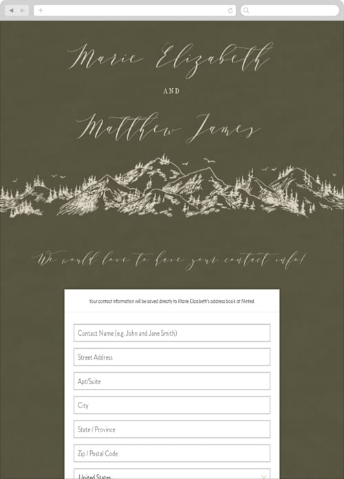 This is a olive digital wedding address collection cards by Helen Halik called into the mountains printing on digital paper in standard