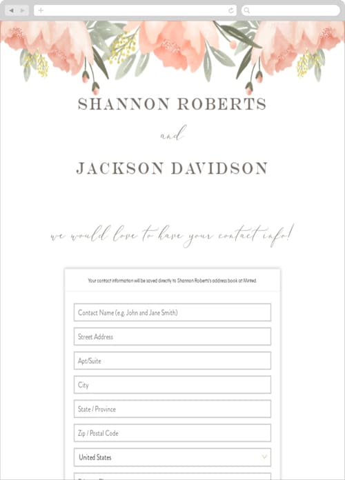 This is a peach digital wedding address collection cards by Joanna Griffin called peony wreath printing on digital paper in standard