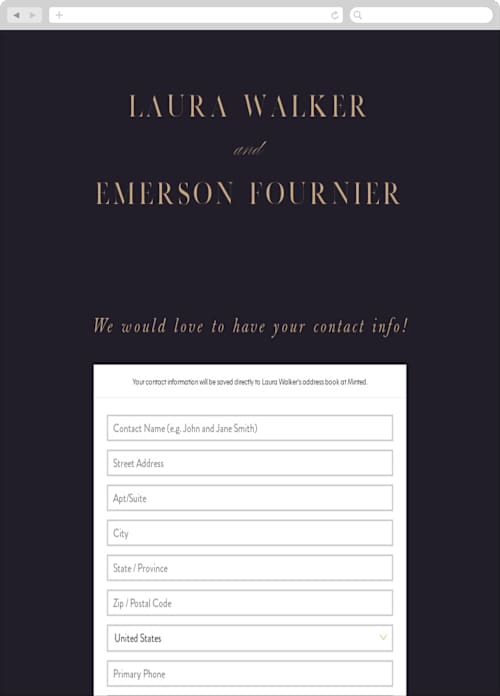 This is a midnight digital wedding address collection cards by Hooray Creative called monogram a la mode printing on digital paper in standard