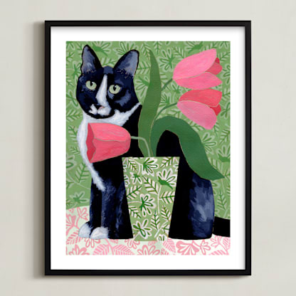 Tuxedo Cat Barry with Pink Tulips