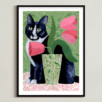 Tuxedo Cat Barry with Pink Tulips