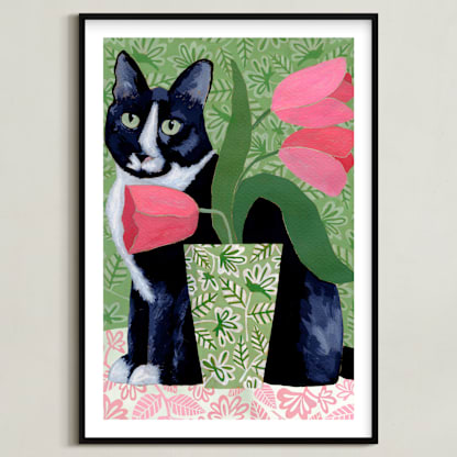 Tuxedo Cat Barry with Pink Tulips