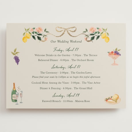 Foil-Pressed Grand Wedding Weekend Itinerary Cards