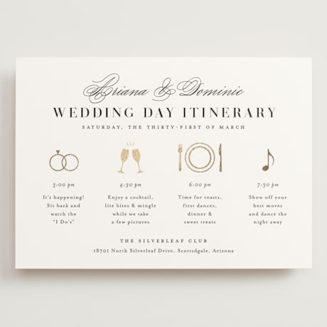 Foil-Pressed Grand Wedding Weekend Itinerary Cards