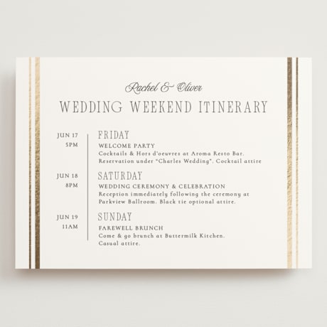Foil-Pressed Grand Wedding Weekend Itinerary Cards