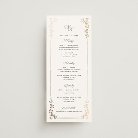 Foil-Pressed Tall Wedding Weekend Itinerary Cards