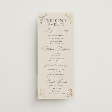 Foil-Pressed Tall Wedding Weekend Itinerary Cards